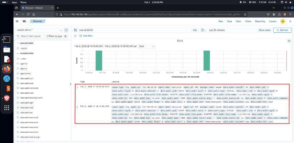 Wazuh alert generated from Linux command execution detected by Auditd