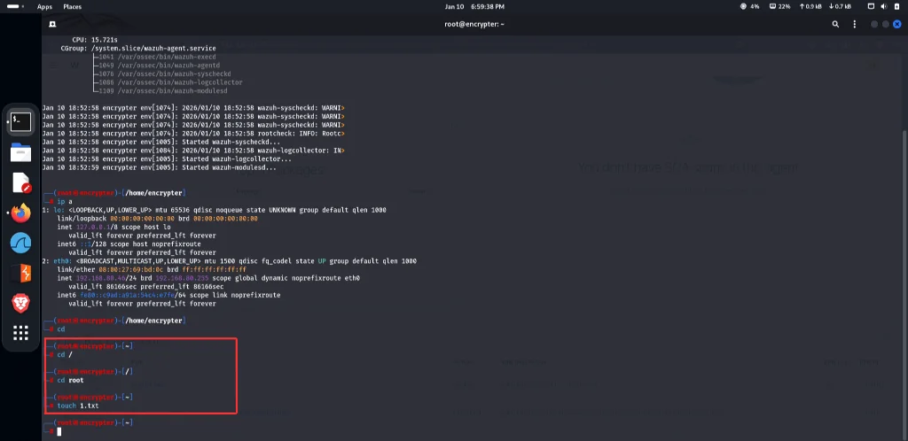 Simulating unauthorized file creation in the /root directory on the Linux agent endpoint