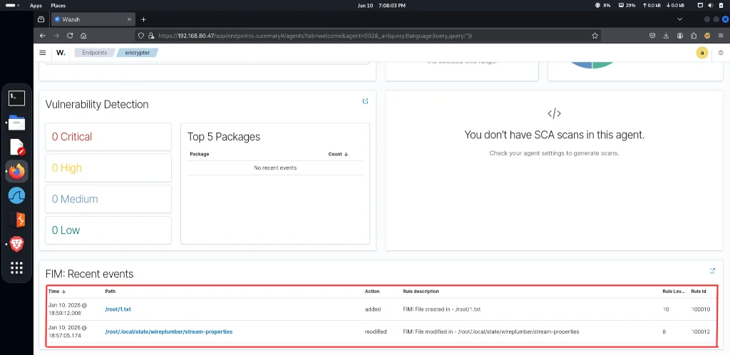 Wazuh Dashboard displaying the real-time FIM event for /root/1.txt under Recent events