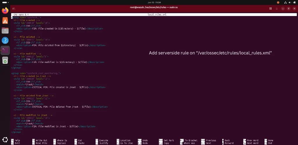 Configuring custom FIM detection and severity rules in /var/ossec/etc/rules/local_rules.xml on the Wazuh Manager