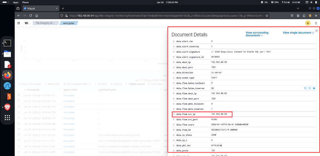 Detailed alert document showing the attacker’s source IP and the specific Suricata signature.