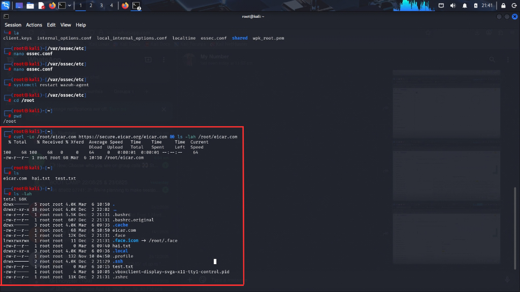 Creating the EICAR test file on the monitored Wazuh agent.